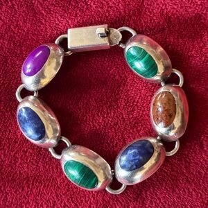 Real Stones 925 stamps Silver Link Bracelet Green,Blue,Purple&Brown Cabochons